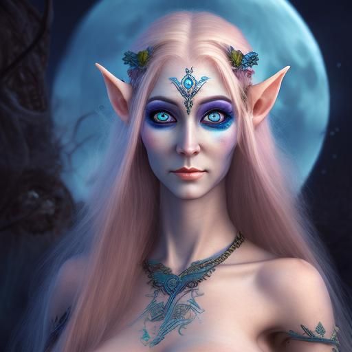 An Elven Maiden Gazes Upwards Under a Celestial Blue Moon