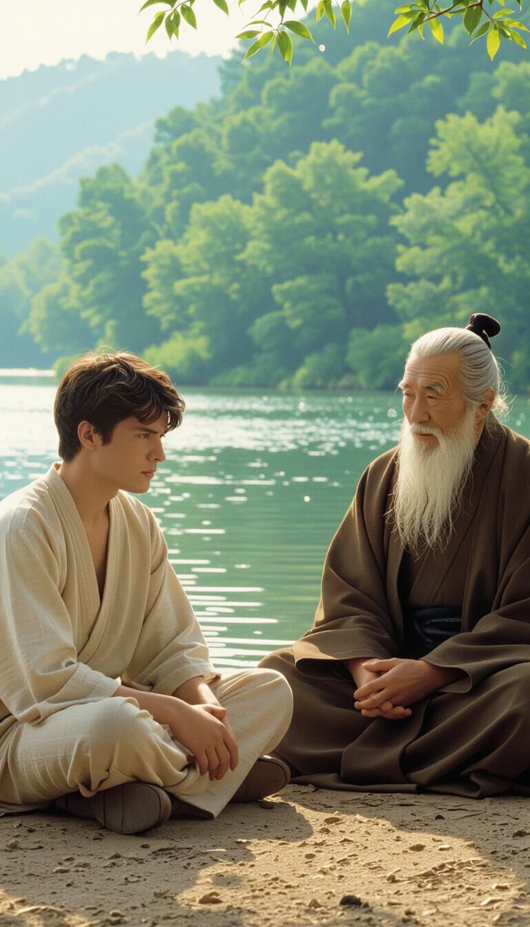 Contemplative Scene by River in Cinematic Style