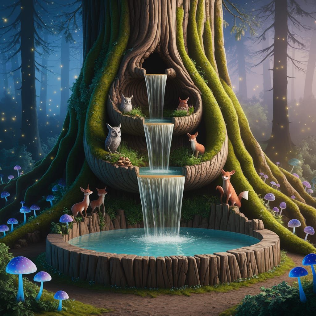 Enchanted Forest Waterfall Fountain at Twilight