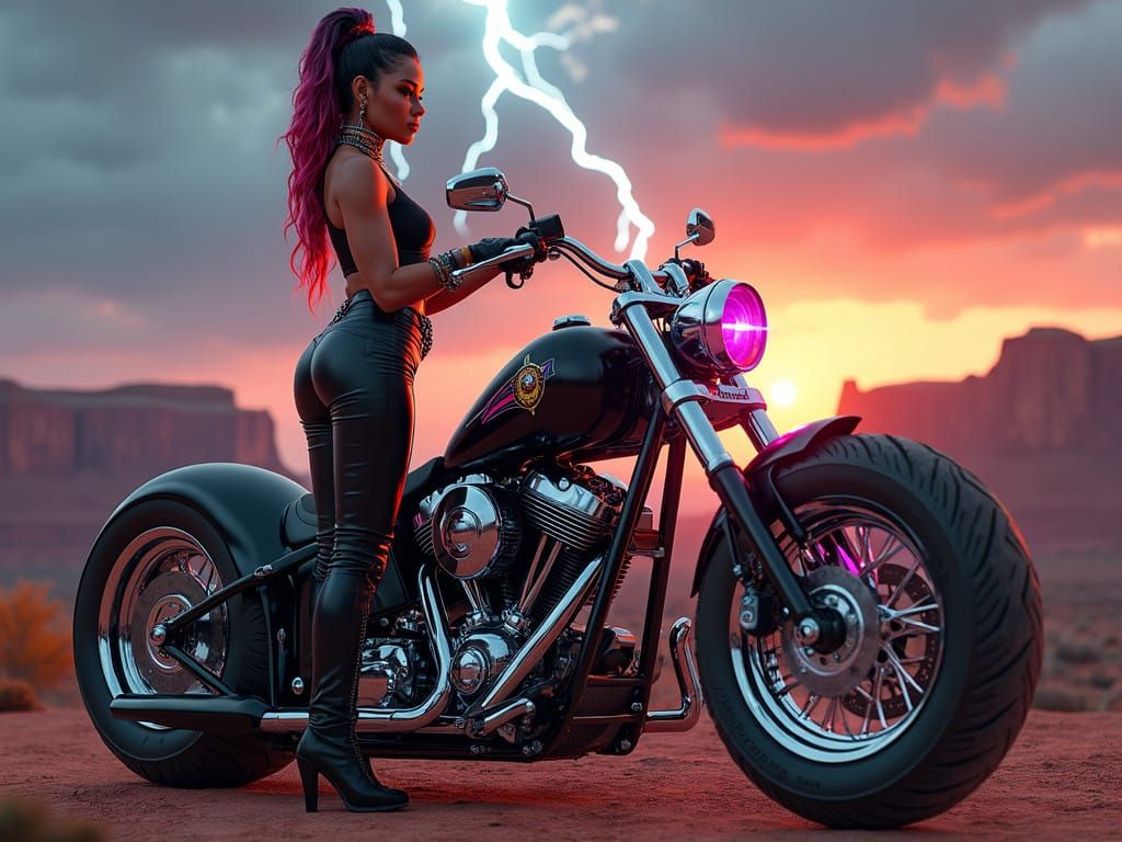 Latina Biker Chick Riding Custom Lowrider Chopper Amidst Des...