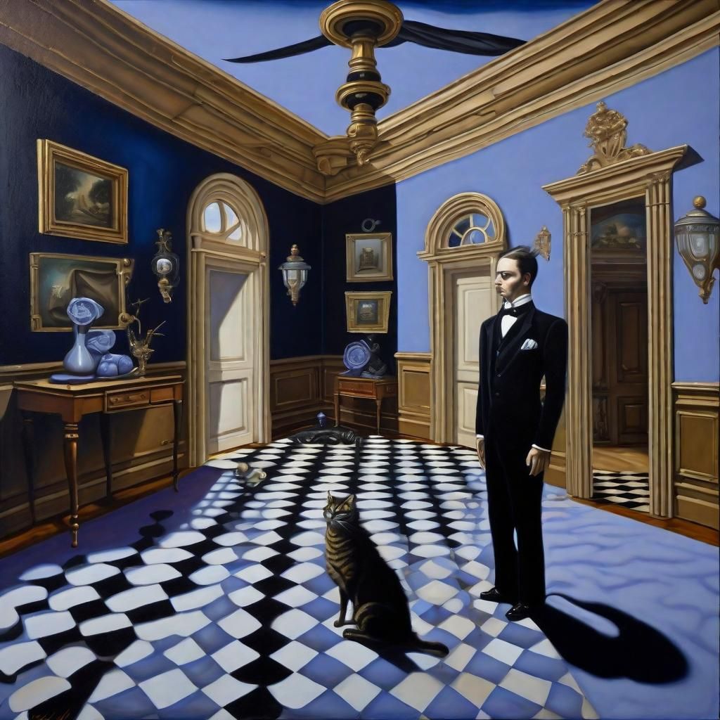 Surreal Mansion Oil Painting with Periwinkle Hues