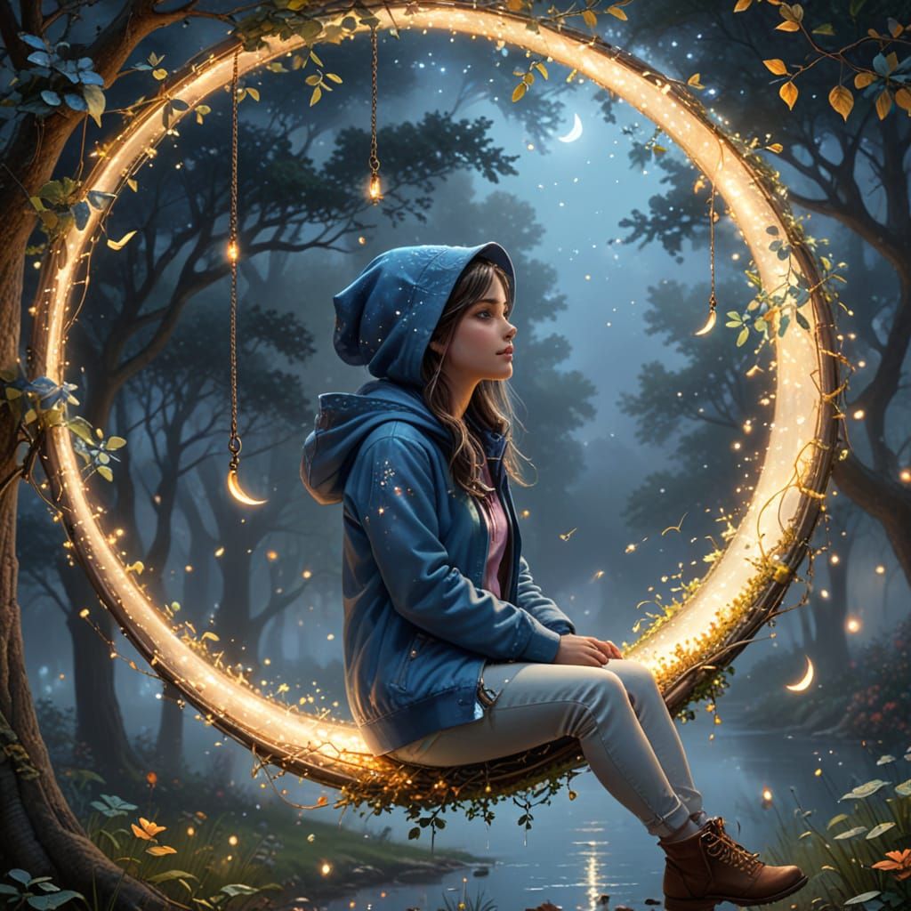 ** Magischer Wald: Ein Mädchen auf einer leuchtenden Schaukel unter dem Sternenhimmel