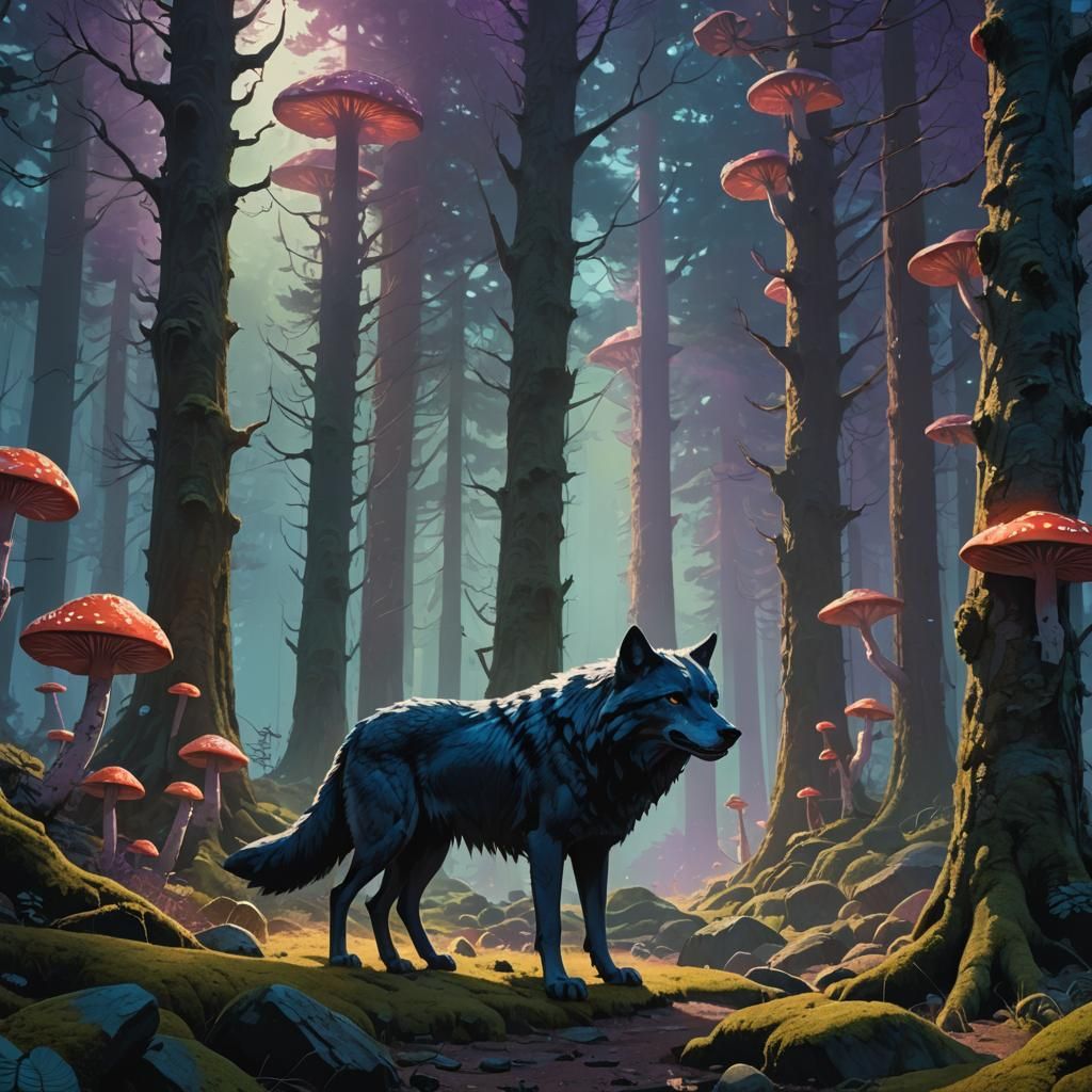 Ethereal Fantasy Wolf in Mysterious Forest Glade