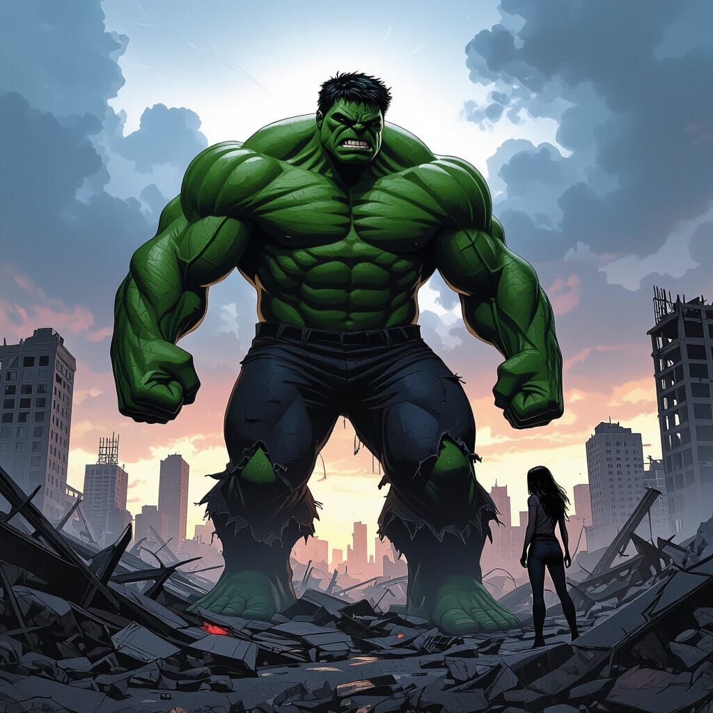 Hulk Surveys Ruined Cityscape In Hyperrealistic Comic Style