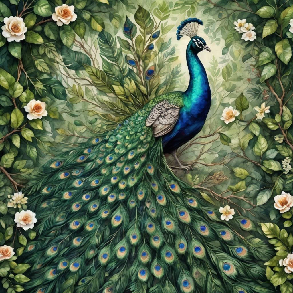 Vibrant Watercolor Peacock Amidst Verdant Leaves