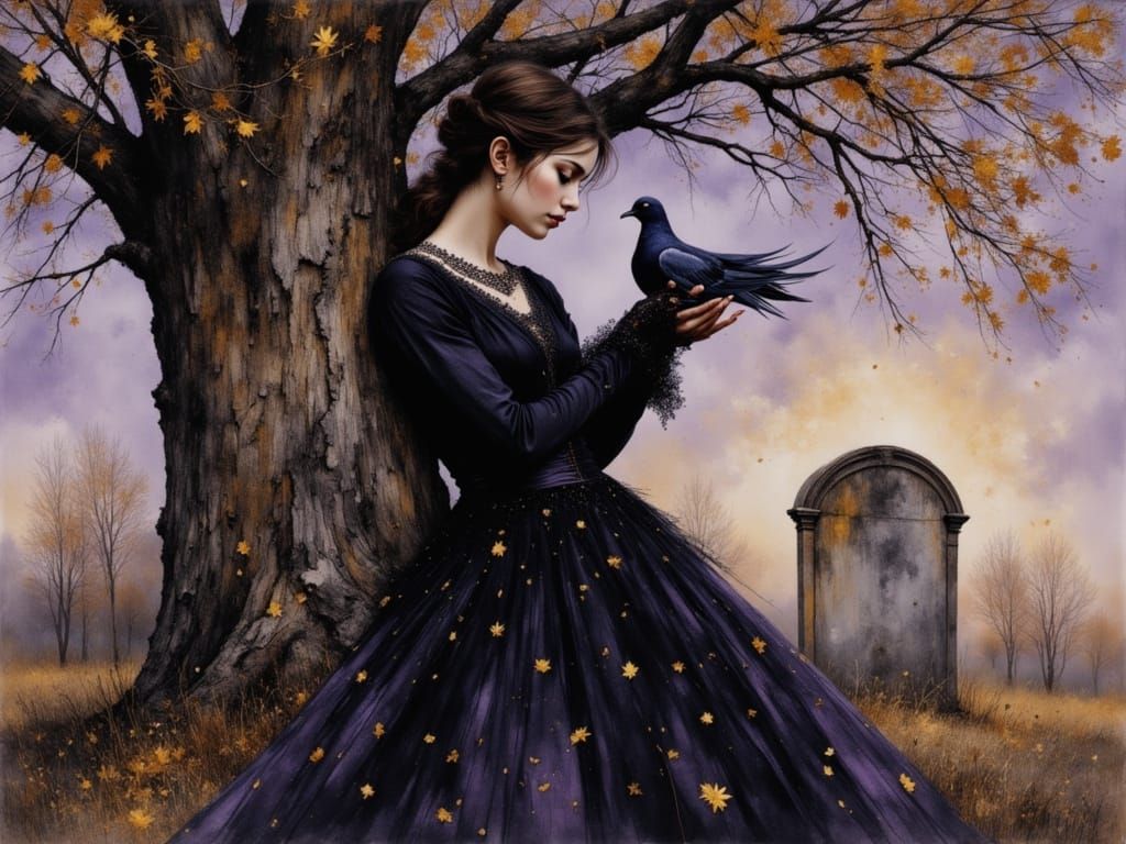 Woman with Dove in Watercolor Autumn Scene