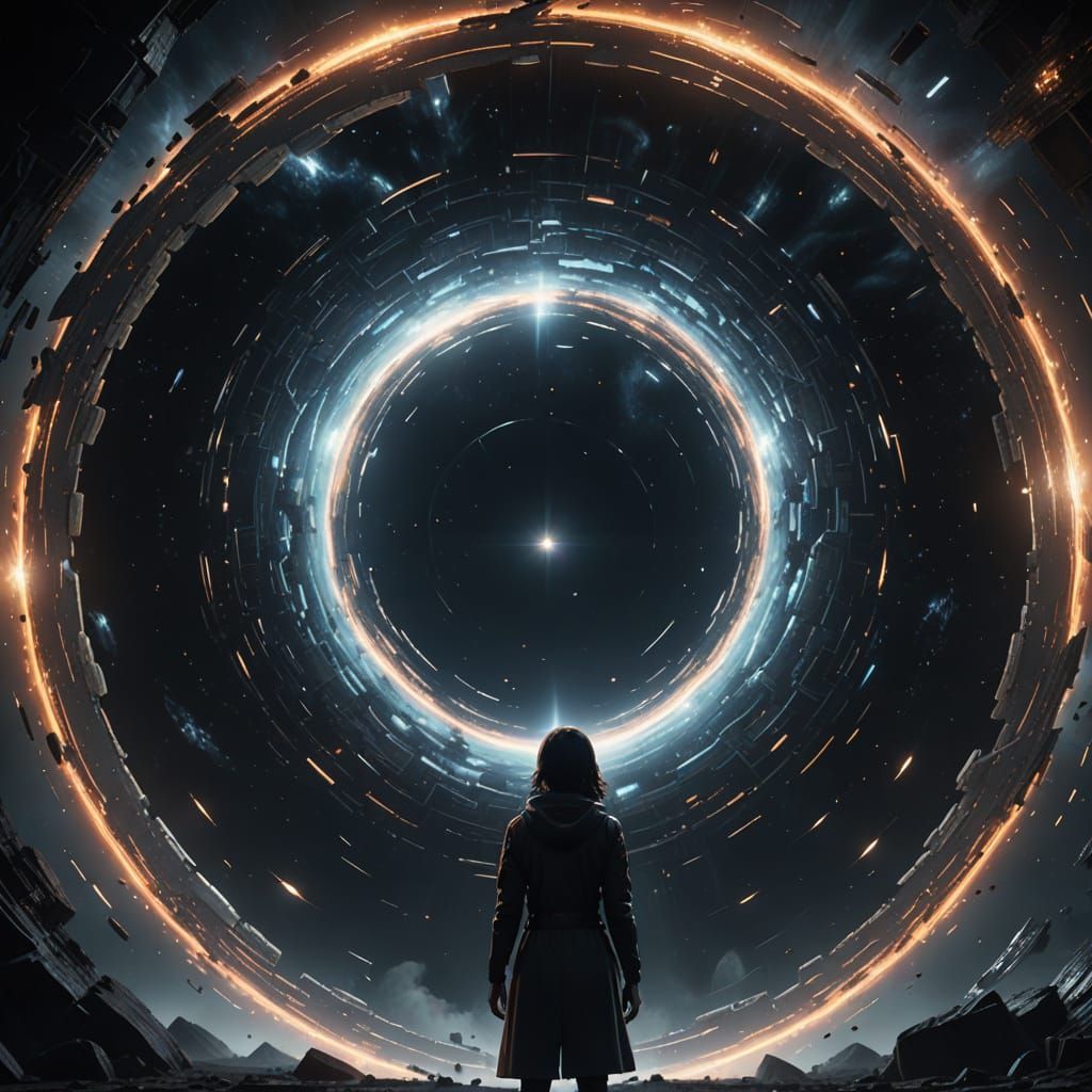 Woman and Colossal Cosmic Vortex in Sci-Fi Style