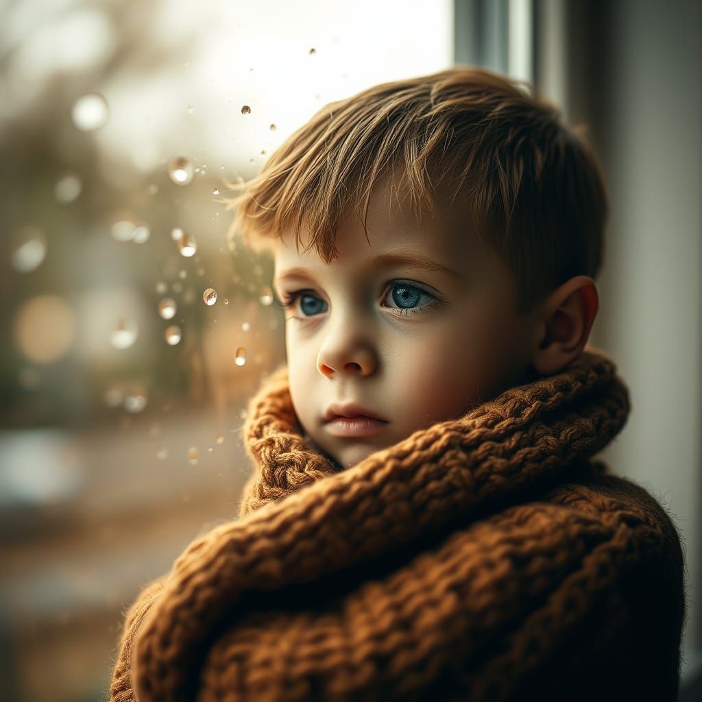 Boy Lost in Thought, Rainy Windowpane Reflections