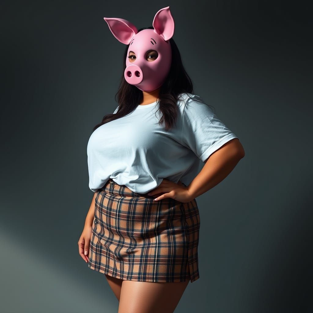 Photorealistic Plus-Size Woman in Pig Mask and Mini Skirt