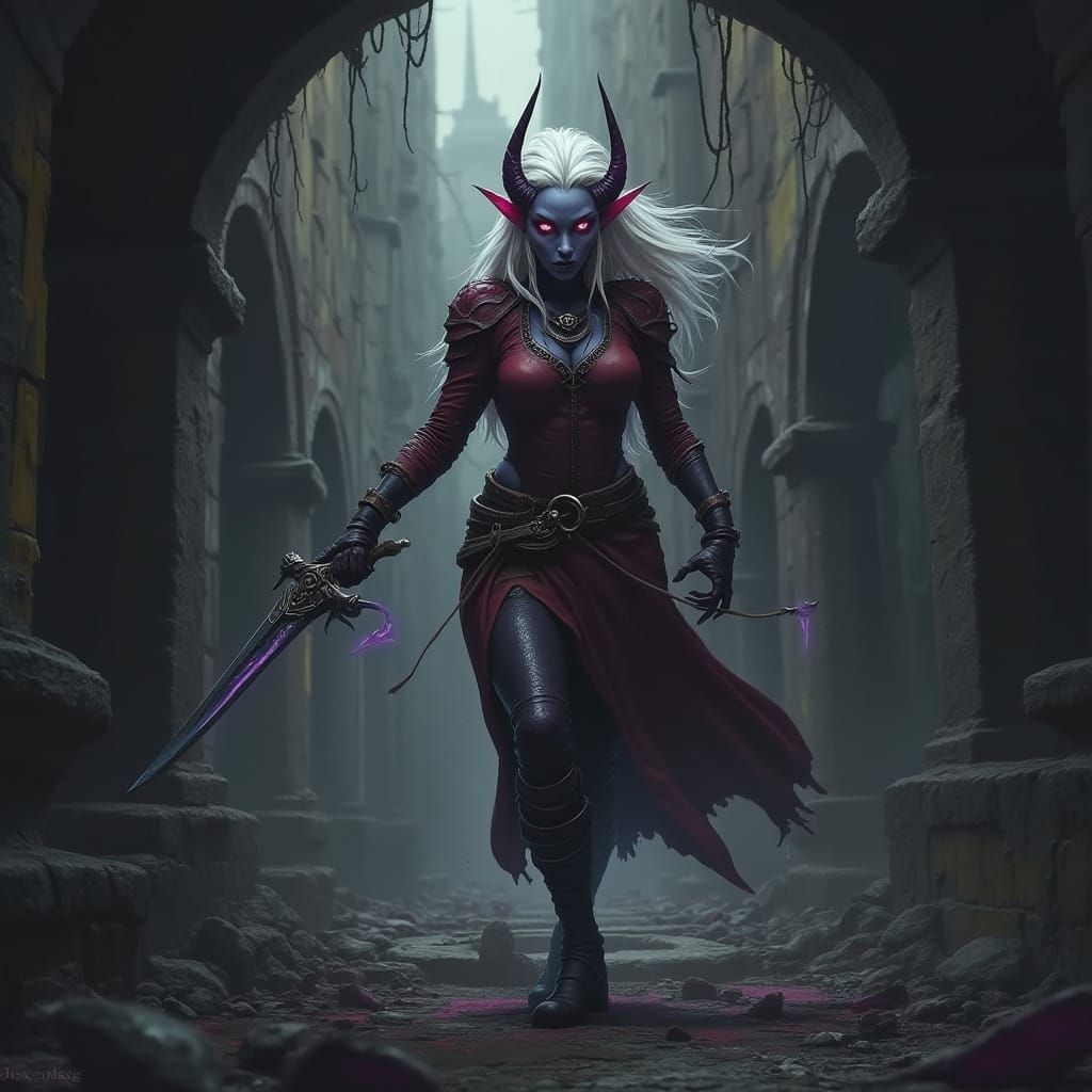 Drow Elf Lost in Evil City with Dagger