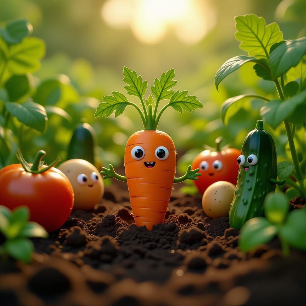 Whimsical Vegetable Garden with Carrot Creature in Cinematic...