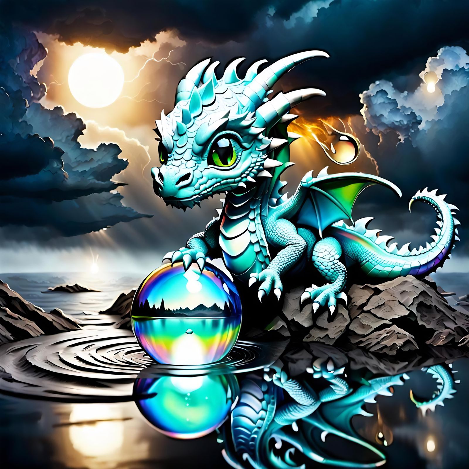 Iridescent Dragon and Water Drop Under Stormy Sky