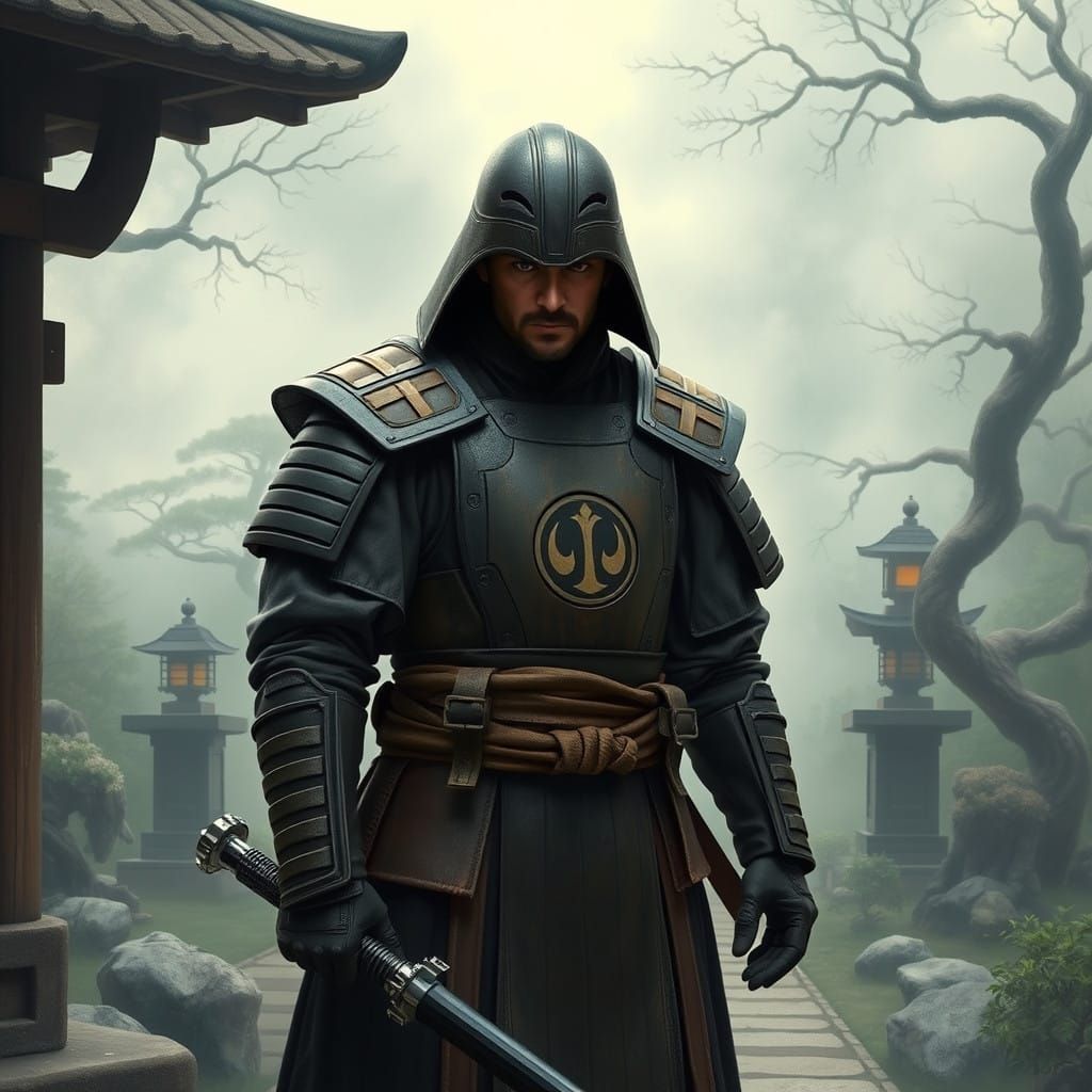 Jedi Samurai in Traditional Armor Stands in Japanese Garden