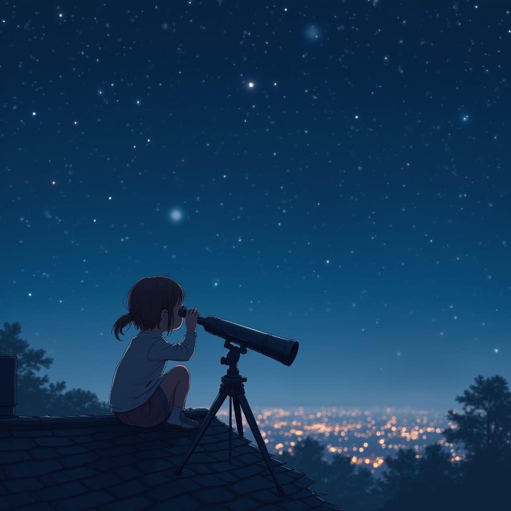 Girl Observes Starry Sky From Rooftop