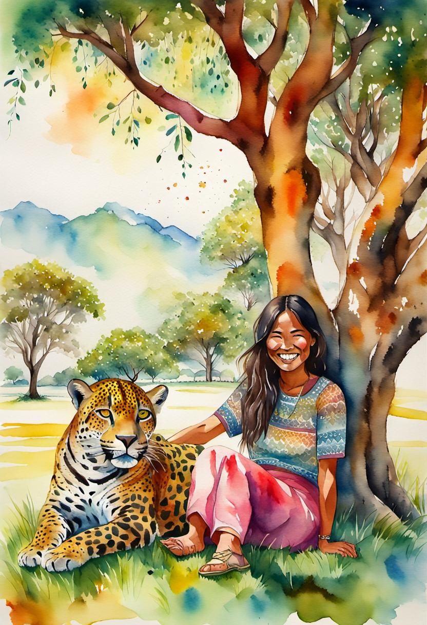 Mystical Encounter in Vibrant, Watercolour Paradise