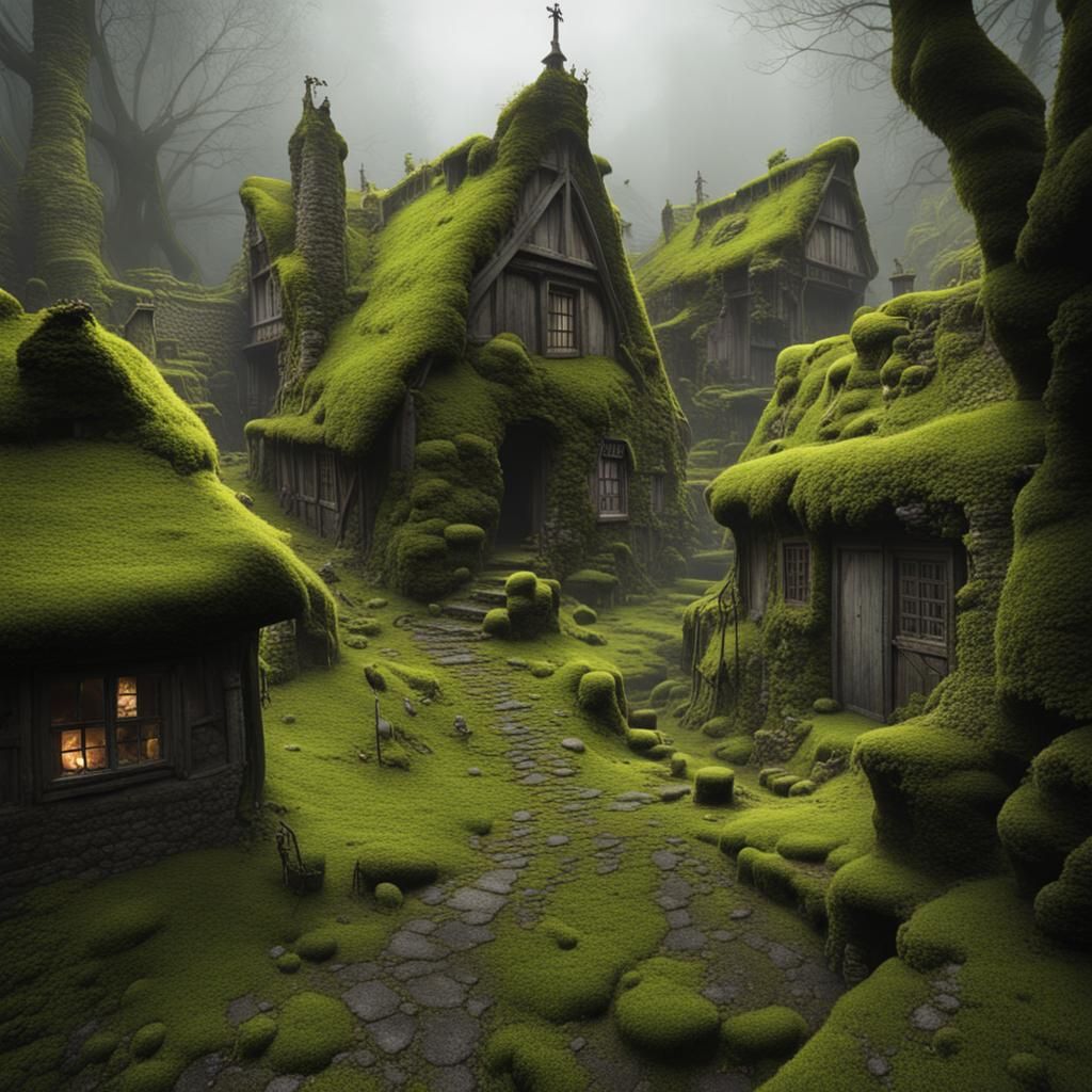 Ancient Village Enshrouded in Moss and Magic