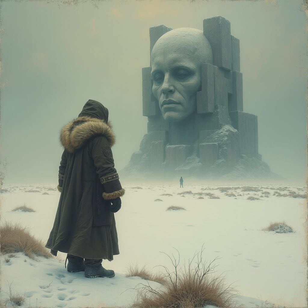 Mysterious Figure Gazing at Colossal Structure: Oil Painting