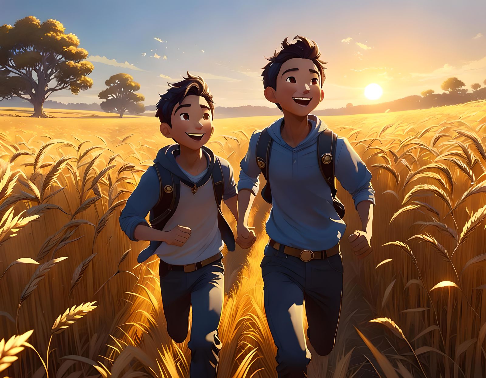 Boys Running through Sunlit Fields in Vibrant Aesthetic