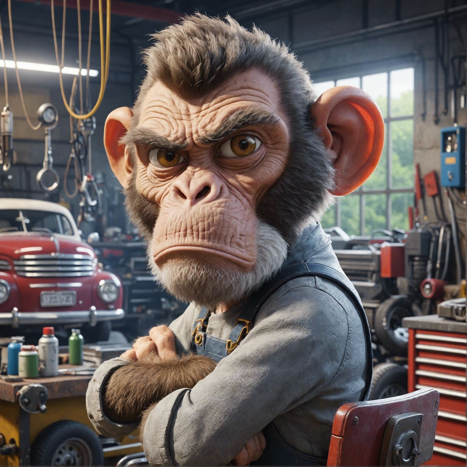 Grumpy Monkey Mechanic in a Classic Car Garage