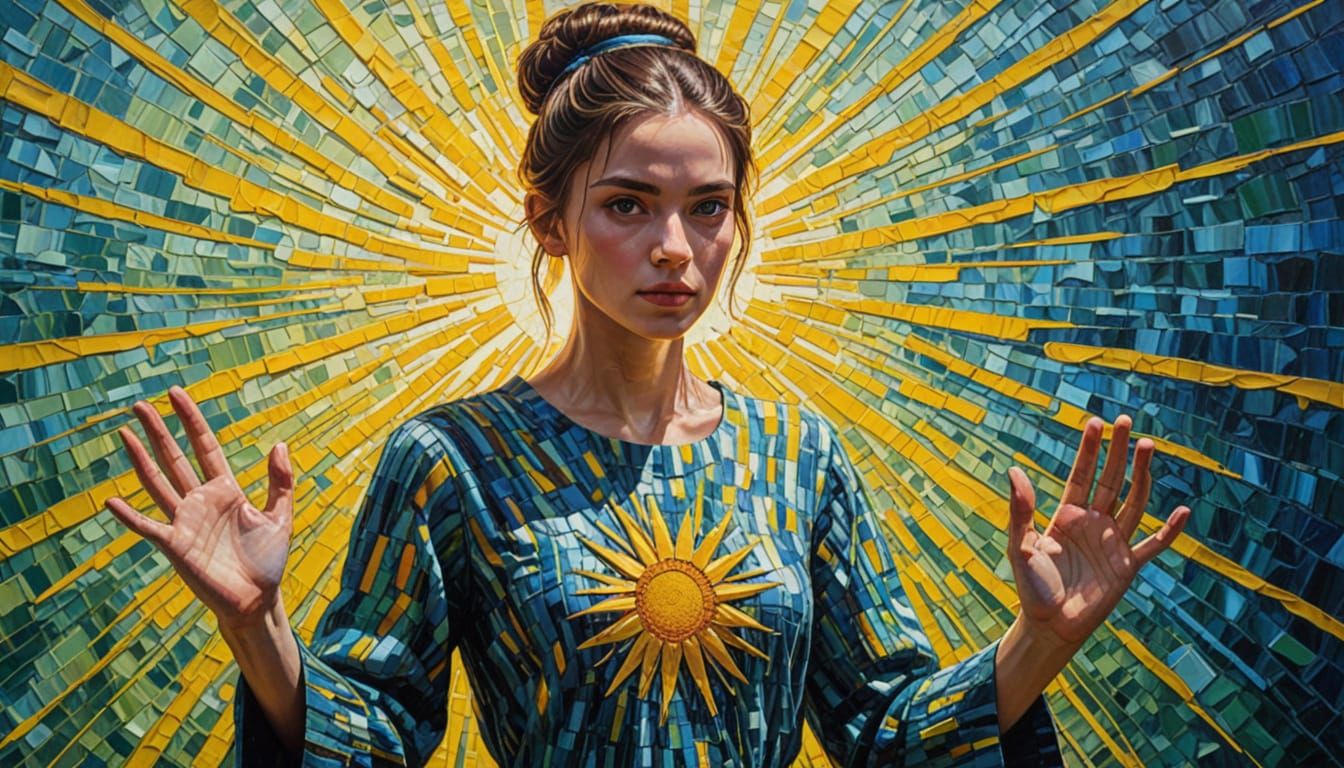 Neo-Impressionist Oil Painting of Woman Reaching for Light