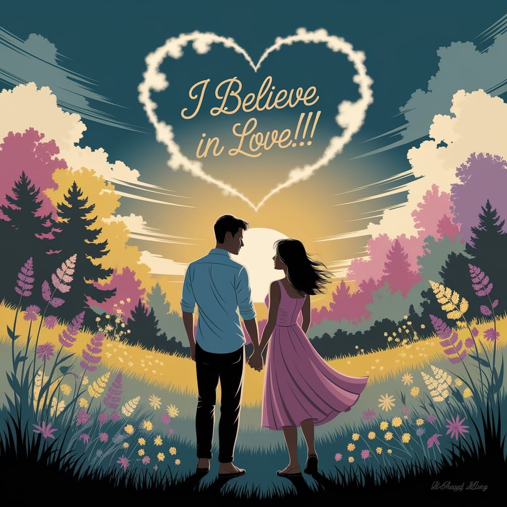 Couple in Meadow with Heart Cloud and Love Message