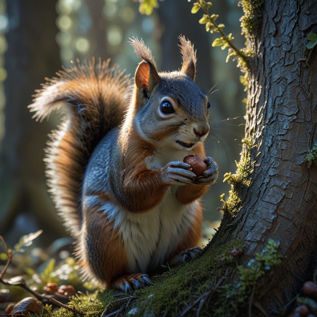 Hyperrealistic Spring Forest Squirrel in Ethereal Light
