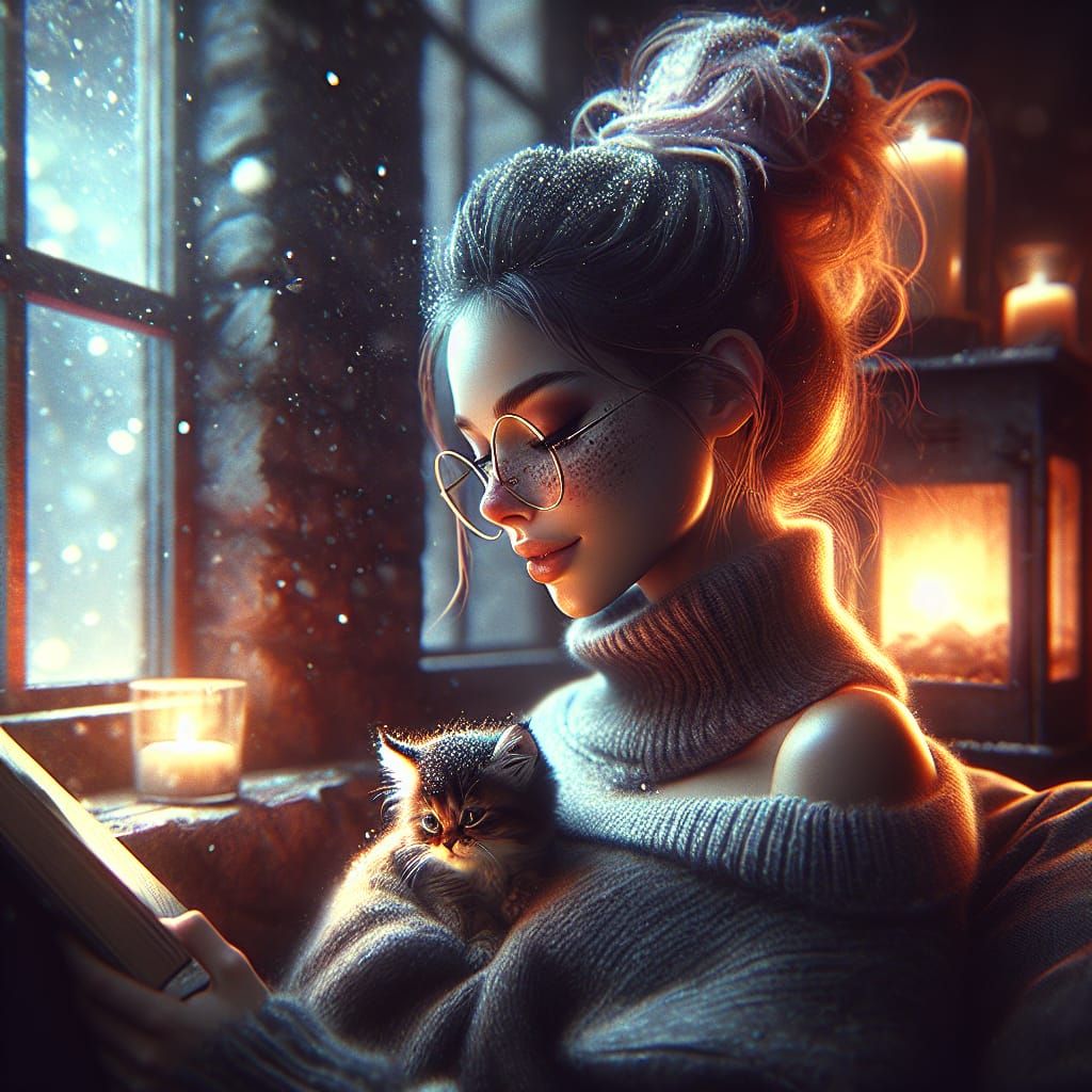 Warm Scene of a Lady Reading by the Fireplace