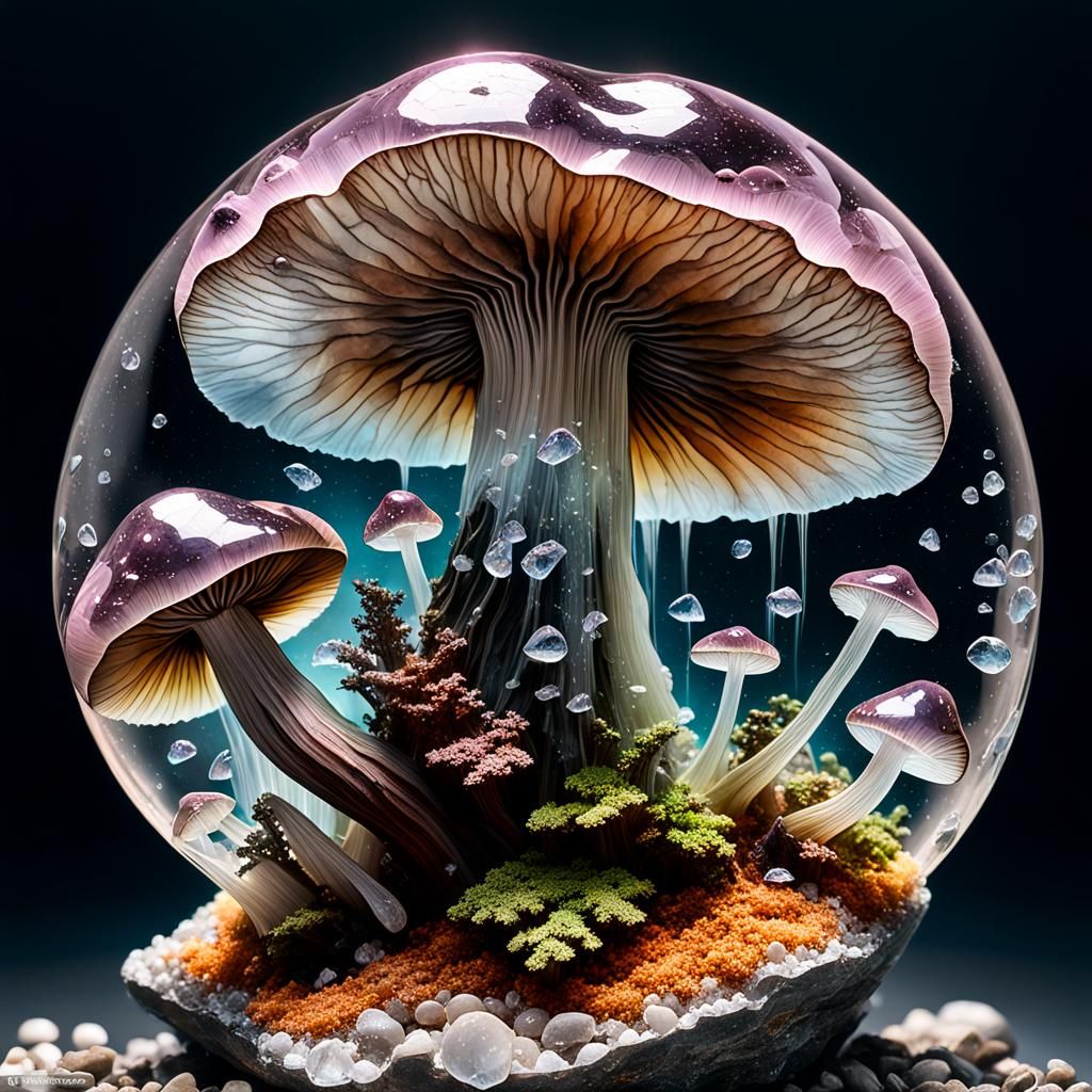 Surreal Smokey Topaz Mycena Mushroom Blooms in Moonstone