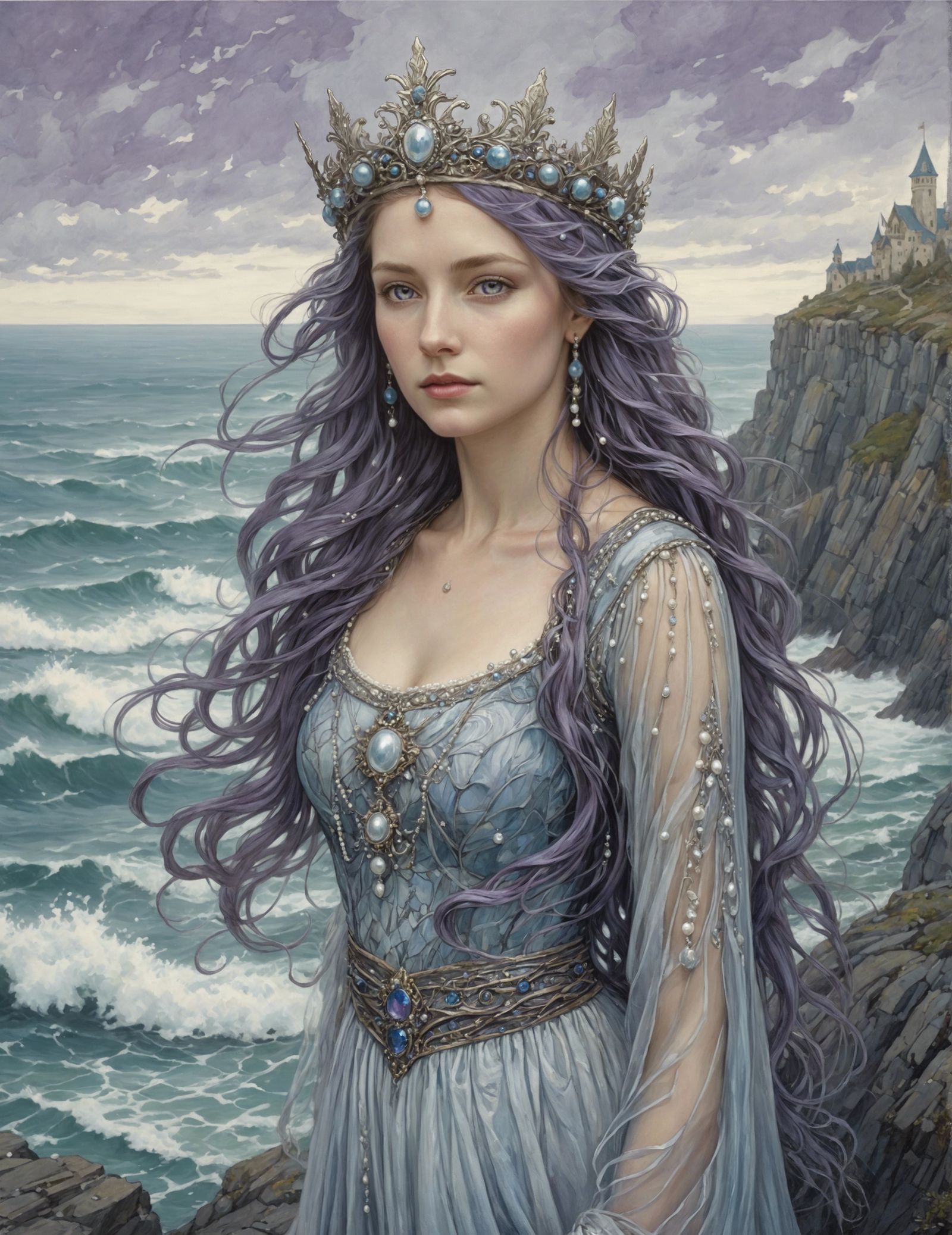 Water Princess in Grey Purple Regalia on Seaside Cliff