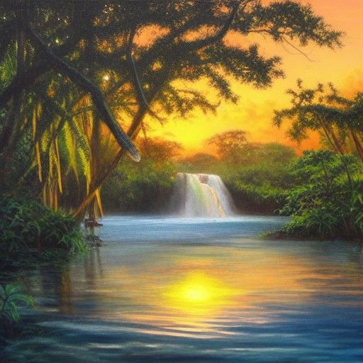 Whimsical Sunset Oasis with Mangrove Trees in Dreamy Oil