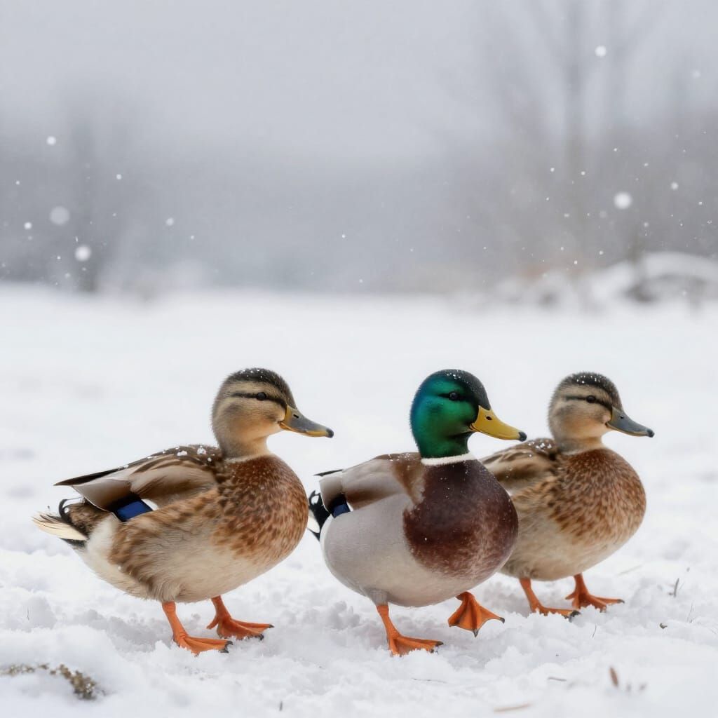 Three Ducks in Snowy Landscape, Painterly Style