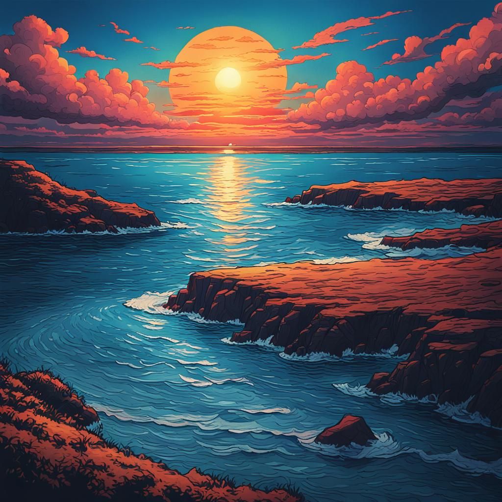 Calm Ocean Sunset in Cinematic Film Style