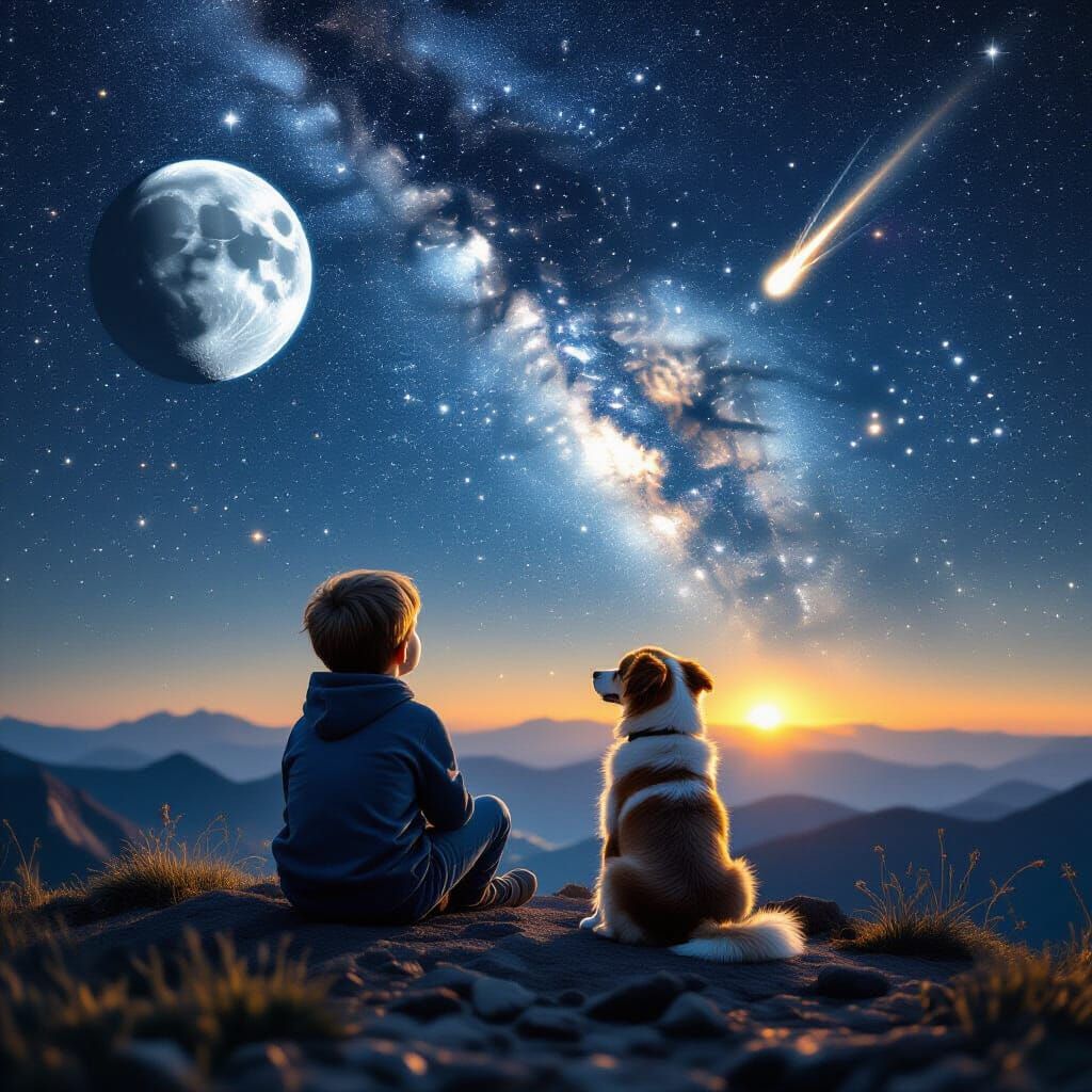 Boy and Dog Watch Falling Stars from Earth