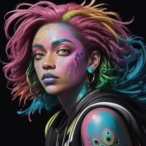 Vibrant Woman in Graffiti Art Style with Peacock Feathers Ha...