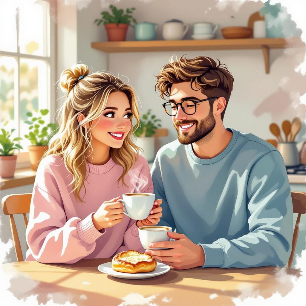 Couple Sharing Morning Coffee, Watercolor Illustration