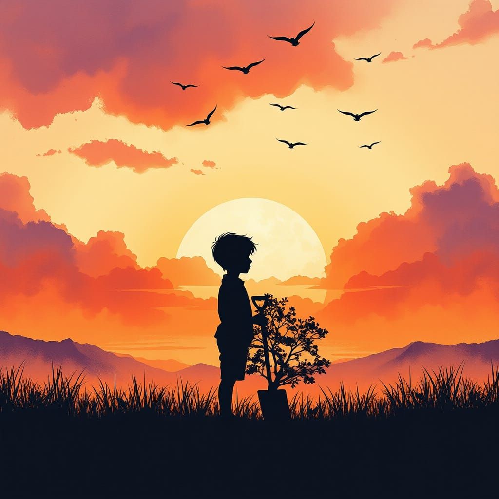 Dreamy Sunset: Boy with Shovel Silhouette