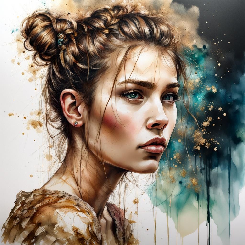 "portrait of a pretty young woman with brown-hair and brown-eyes and hair tied in a bun. Alcohol ink. By Carne Griffiths...