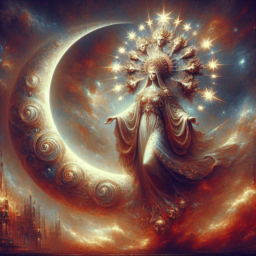 Fantastical Holy Mary with Crown of Stars on Crescent Moon
