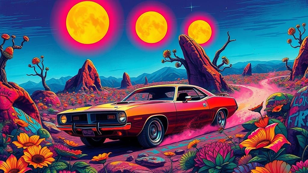Sleek 1976 Plymouth Barracuda Speeds Through Neon Dreamscape
