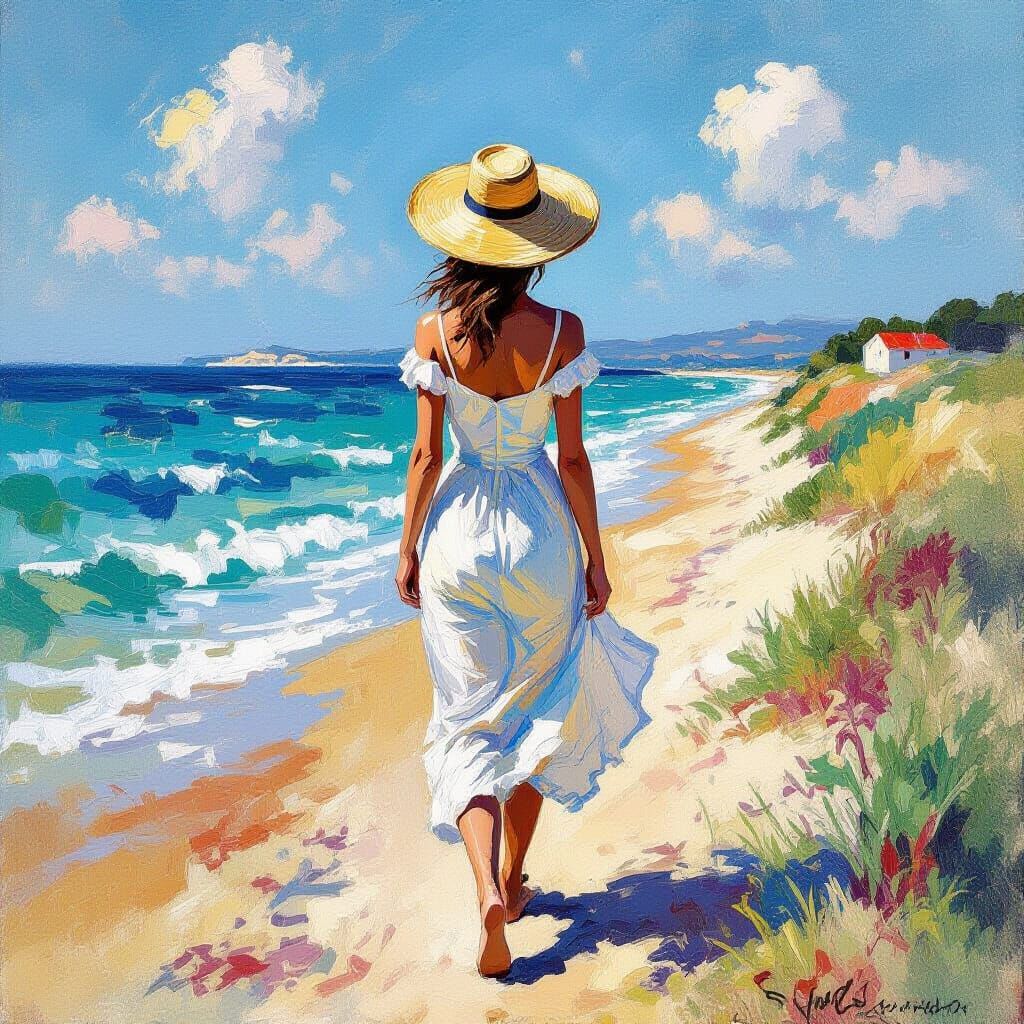 Impressionistic Beach Scene with Woman in Straw Hat