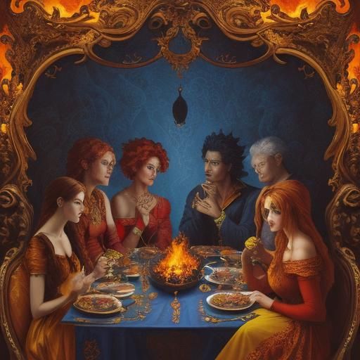Surreal Dinner Party in Blazing Colors and Fiery Textures