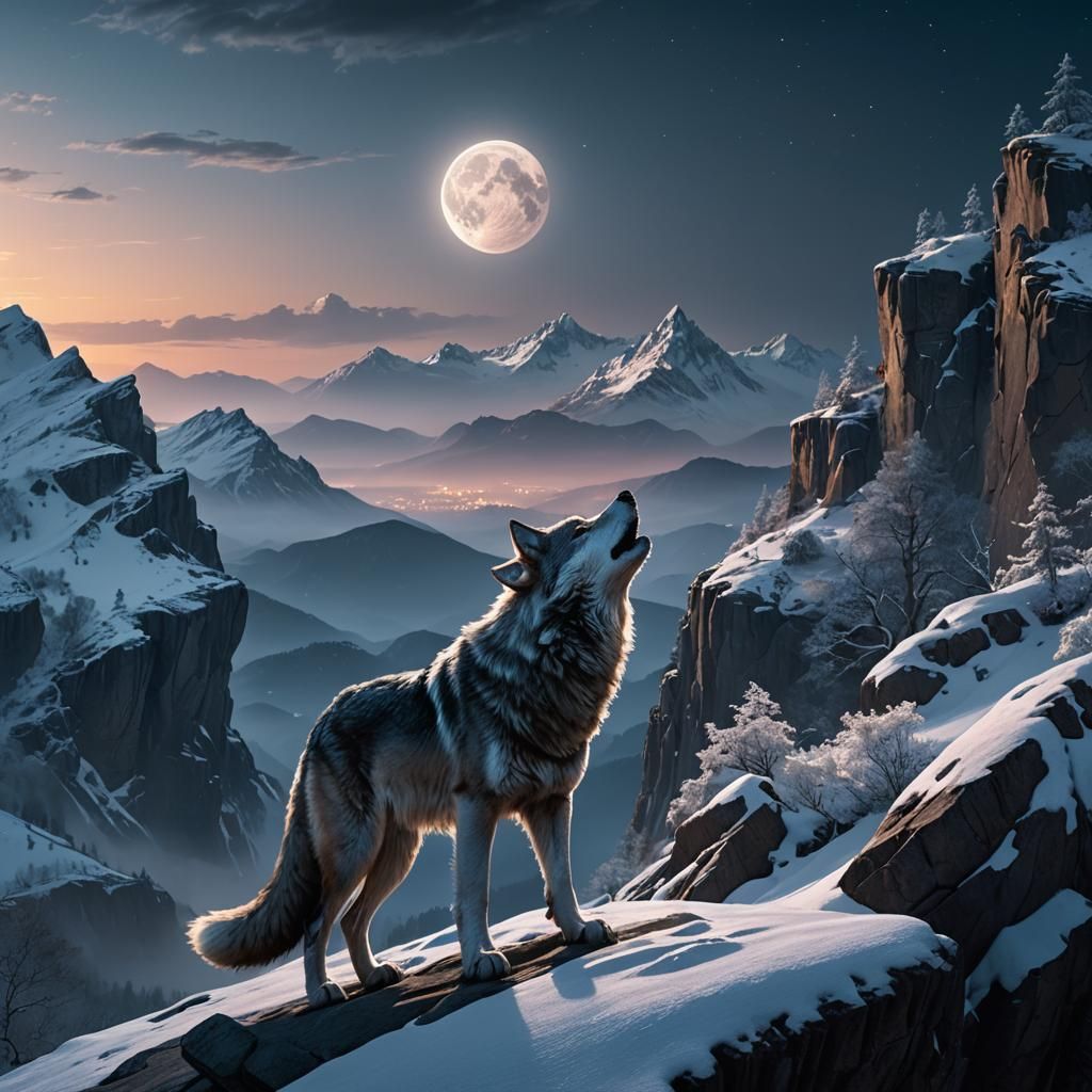 Ethereal Silver Wolf Under the Moonlit Mountains