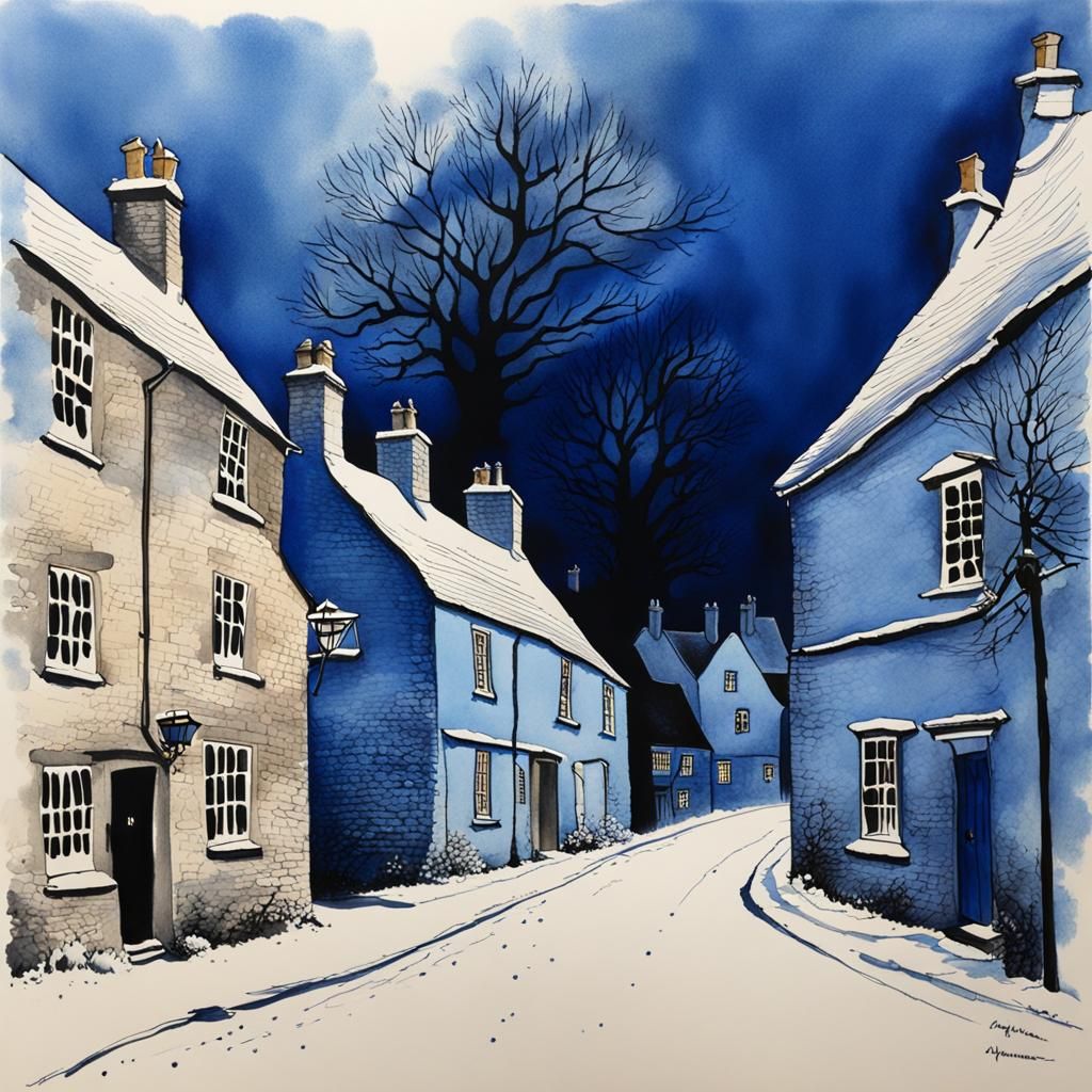 Whimsical Cotswold Winter Village in Dreamy Ink Splash Art