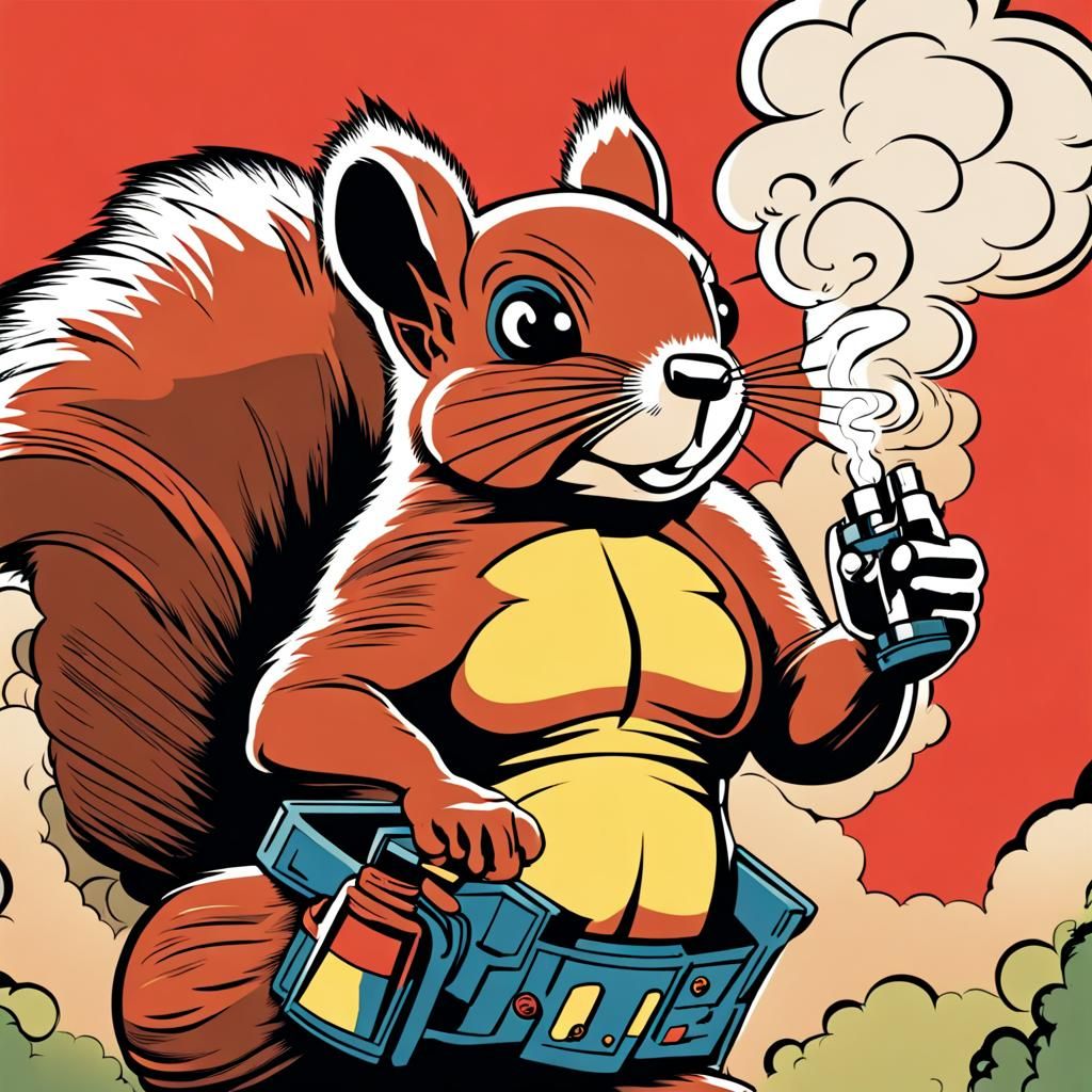 Squirrel Smokes in Retro-Futuristic Comic Book Aesthetic