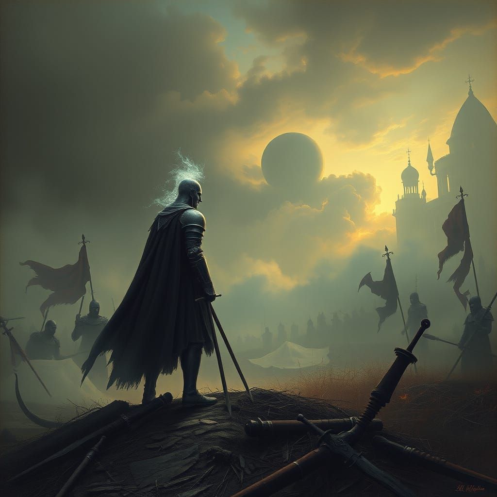 Spectral Knight Guards Twilight Battlefield in Ethereal Ligh...