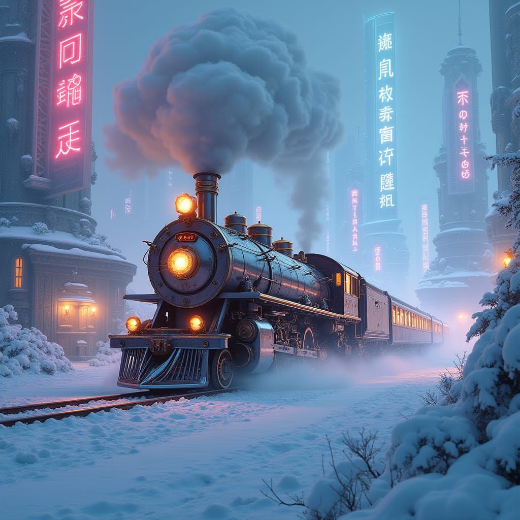 Futuristic Steam Train in Neon Snowscape