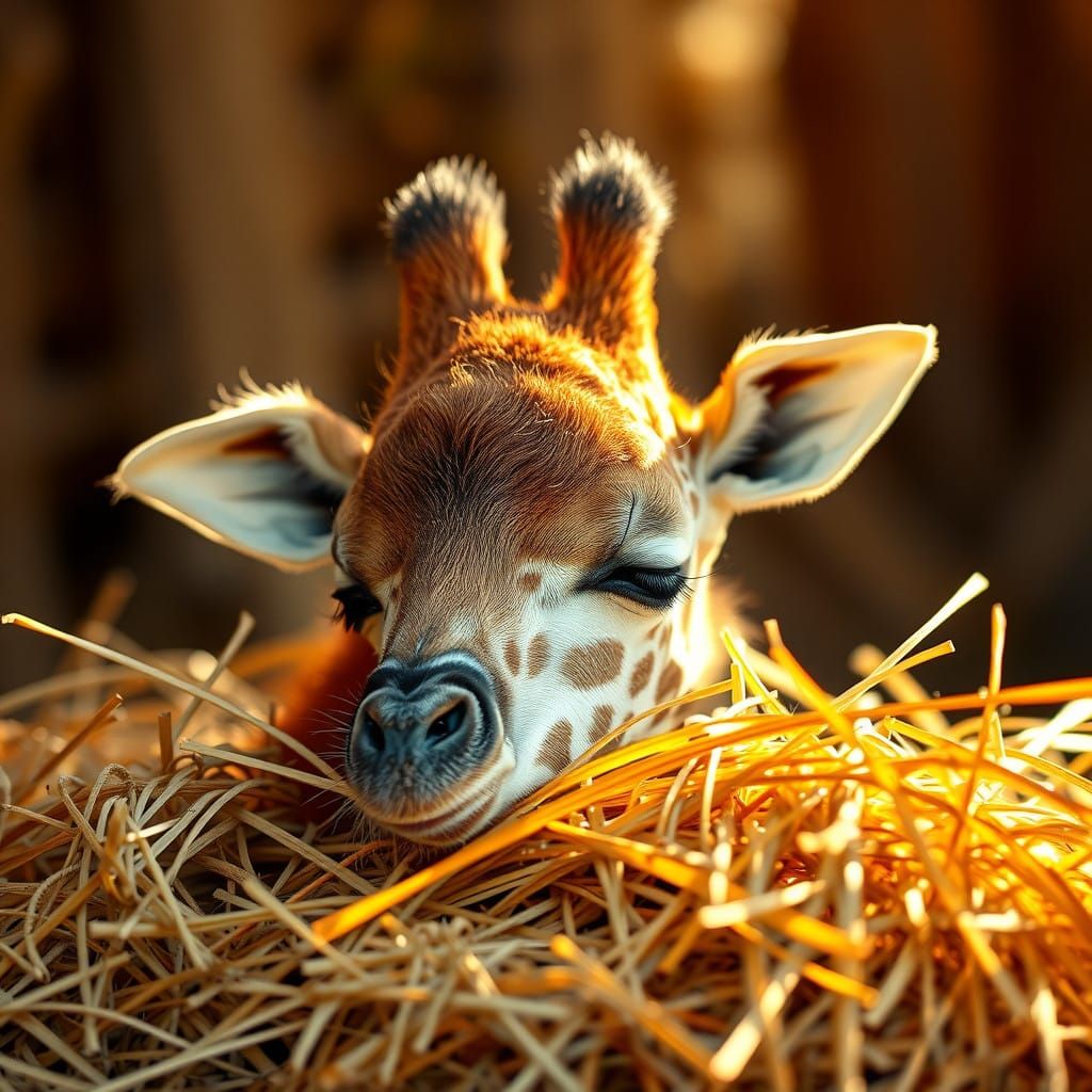 Miniature Baby Giraffe and Mother in Whimsical Slumber