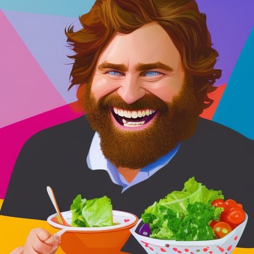 Laughing Comedian Zach Galifianakis Enjoying a Fresh Salad