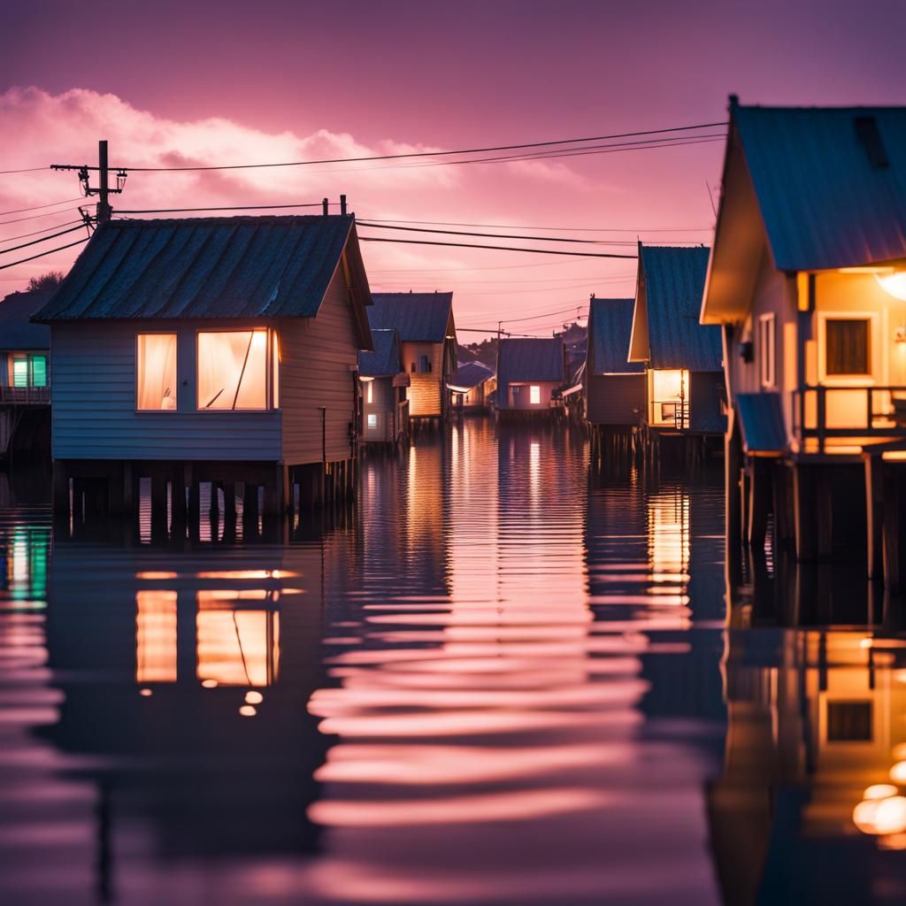 Futurepunk Coastal Village Under Golden Hour Floodlights