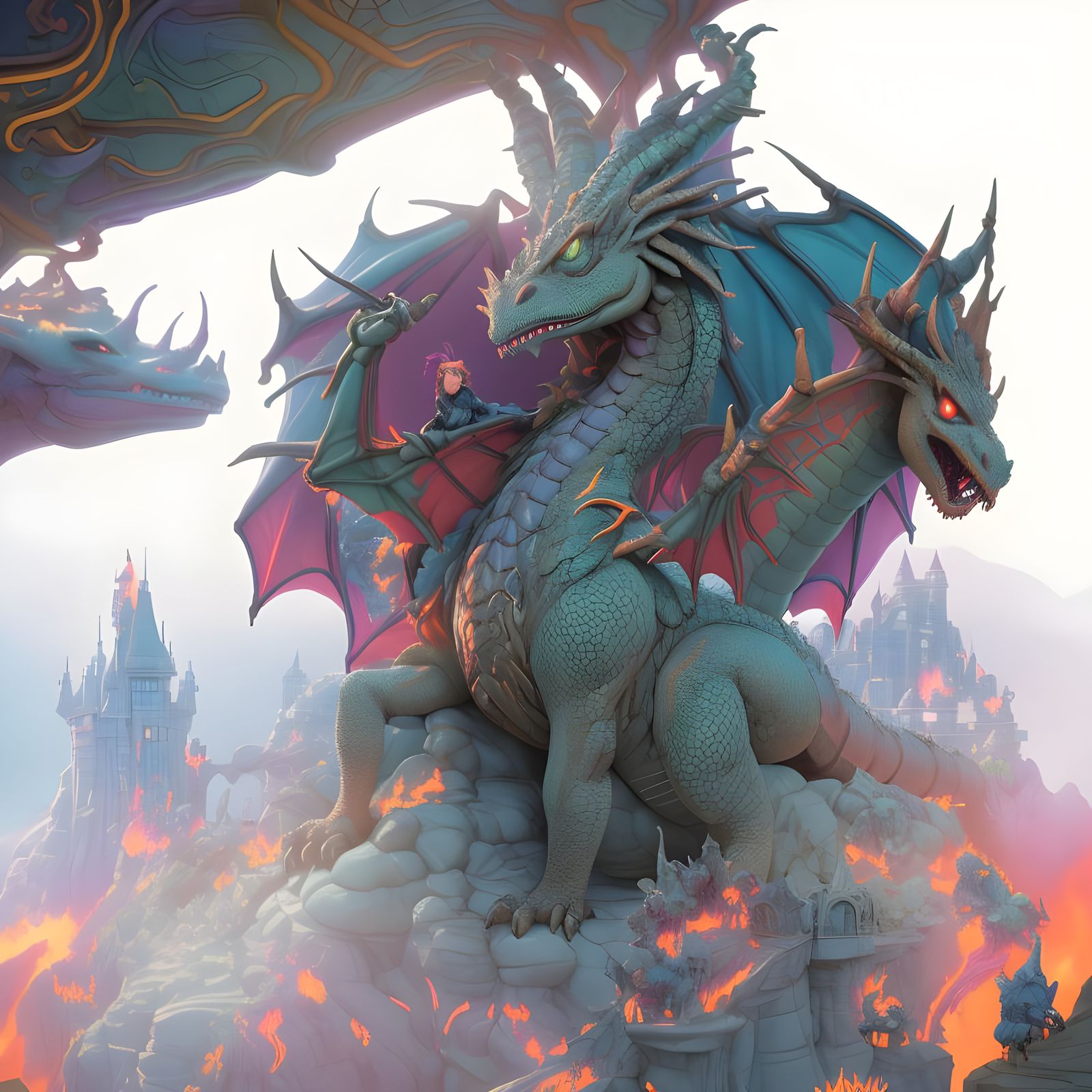 Surreal Dragon Invasion Scene in Vibrant Psychedelic Style